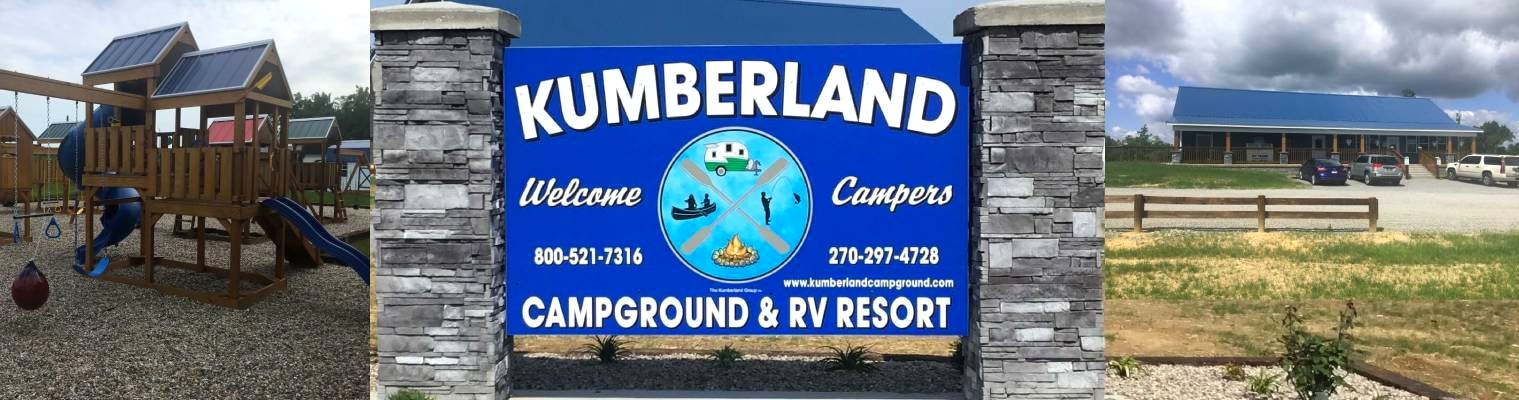 Playground and golf-cart trail at Kumberland Campground in dappled morning light