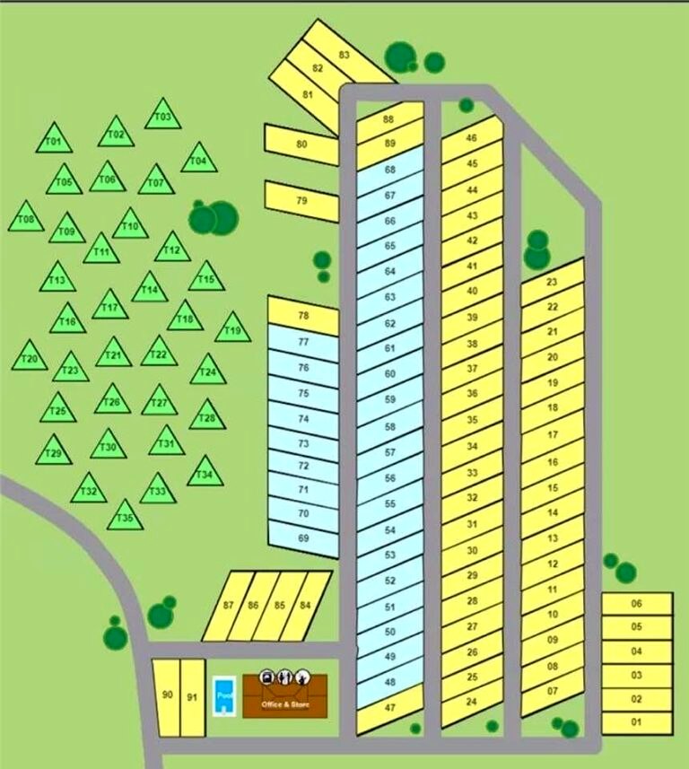 Campground site map showing the primitive lake-view tent area