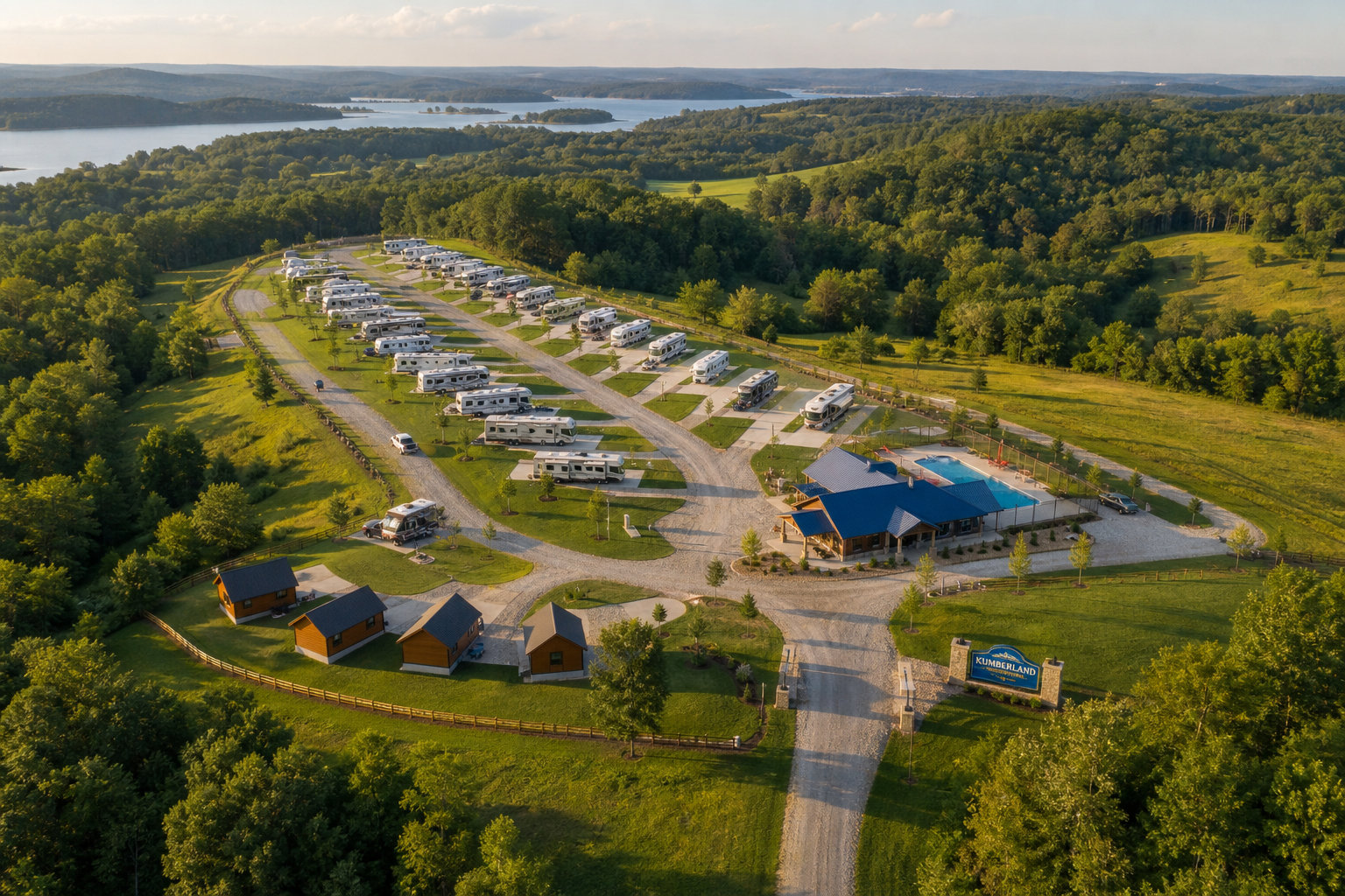 Aerial view of Kumberland Campground showing RV pads, welcome center, pool, and surrounding Kentucky hills
